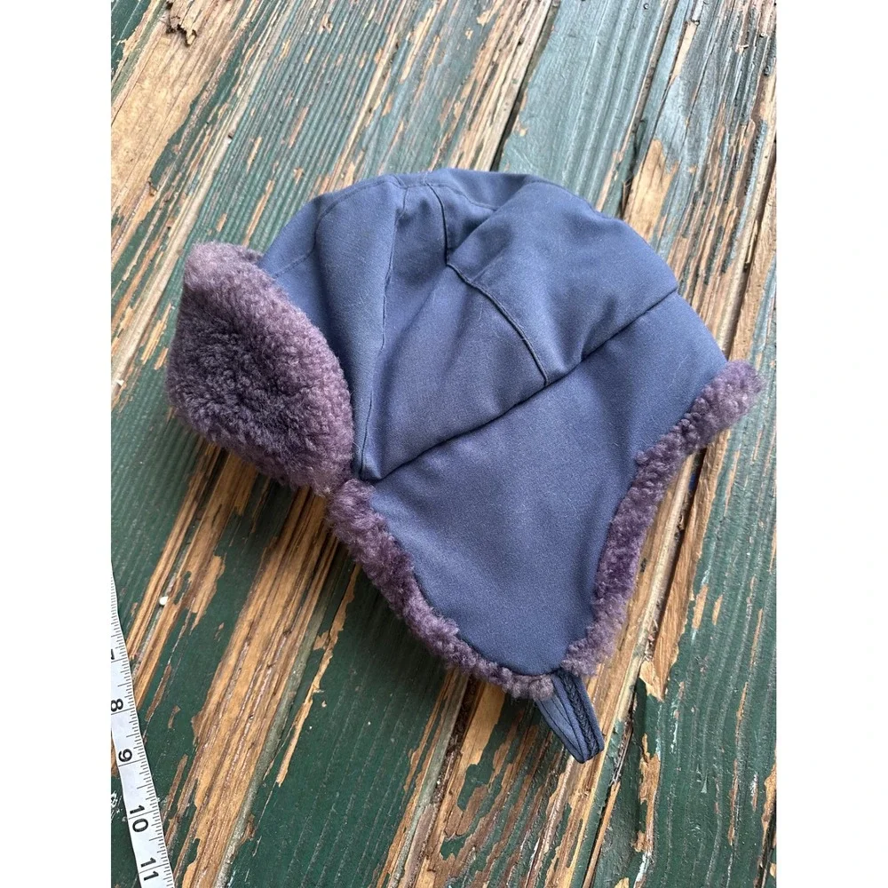 Vintage Blue Canvas Trapper Hat Purple Faux Fur Trim Aviator Ear Flap Cap